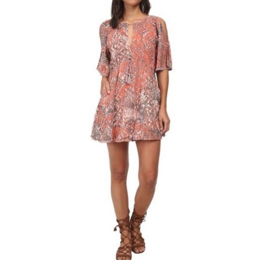 Free People Boho Love Bird Orange Printed Cold Shoulder Mini Dress Size Small - Picture 6 of 6